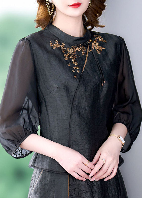 Women Black Tasseled Embroideried Patchwork Silk Top Summer LY5945 Ada Fashion