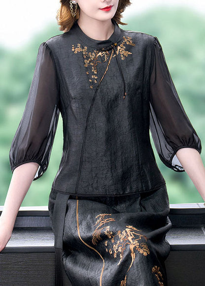 Women Black Tasseled Embroideried Patchwork Silk Top Summer LY5945 Ada Fashion