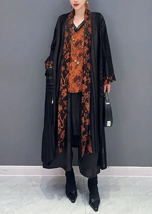 Women Black Tulle Maxi Cardigans And Print Top Two Pieces Set Fall Ada Fashion