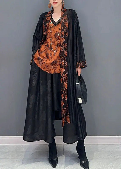 Women Black Tulle Maxi Cardigans And Print Top Two Pieces Set Fall Ada Fashion