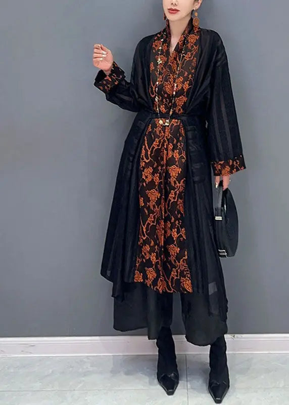 Women Black Tulle Maxi Cardigans And Print Top Two Pieces Set Fall Ada Fashion