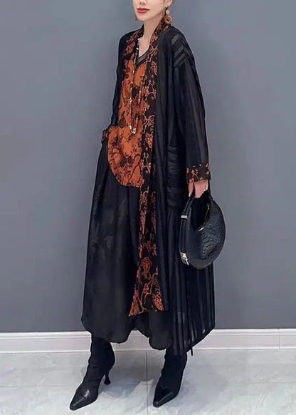 Women Black Tulle Maxi Cardigans And Print Top Two Pieces Set Fall Ada Fashion