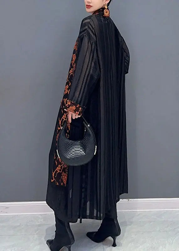 Women Black Tulle Maxi Cardigans And Print Top Two Pieces Set Fall Ada Fashion