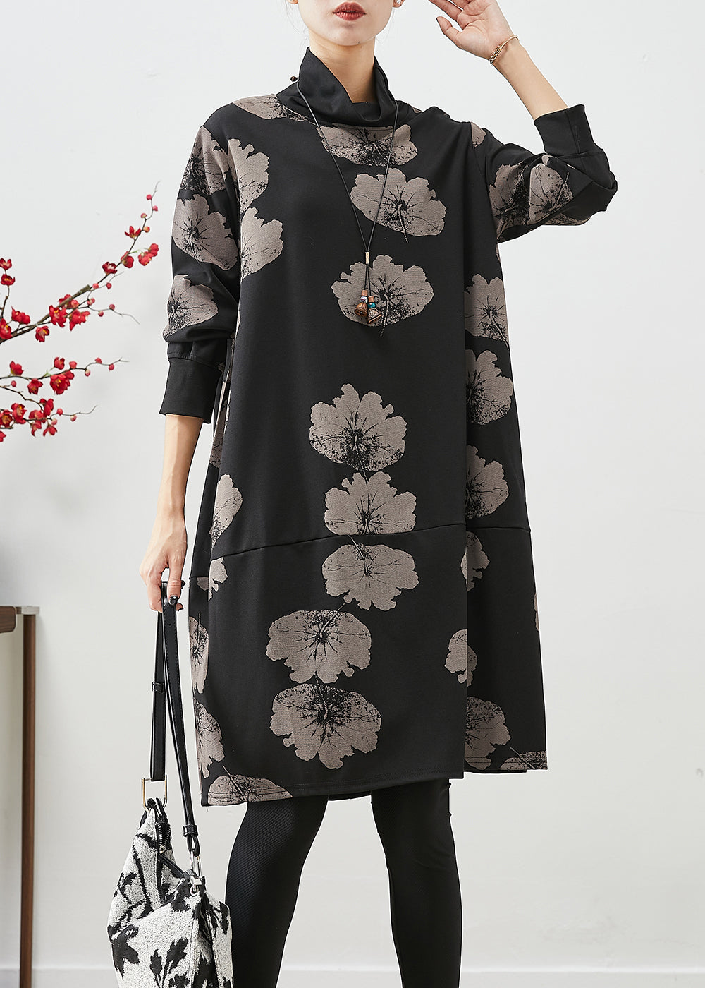 Women Black Turtle Neck Print Cotton Dresses Fall Ada Fashion