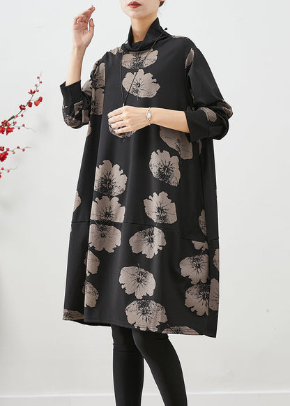 Women Black Turtle Neck Print Cotton Dresses Fall Ada Fashion