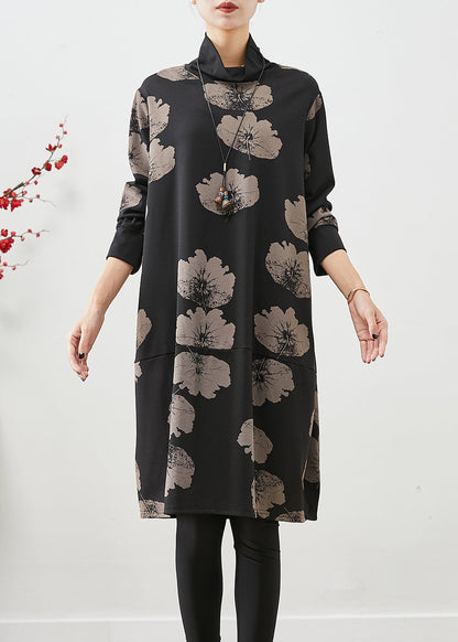 Women Black Turtle Neck Print Cotton Dresses Fall Ada Fashion