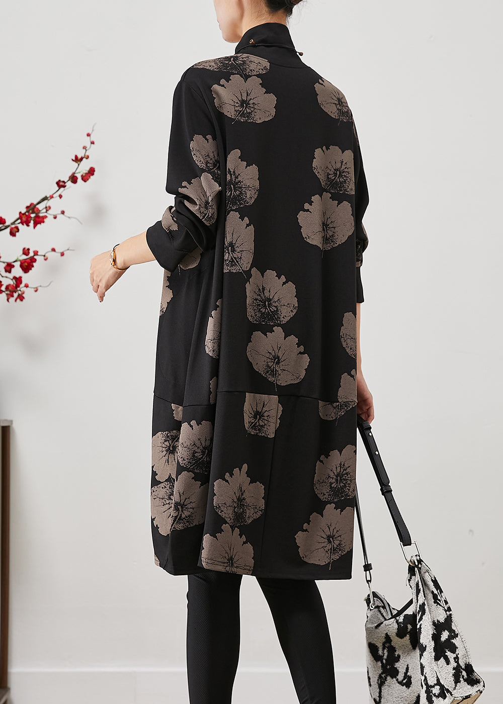 Women Black Turtle Neck Print Cotton Dresses Fall Ada Fashion