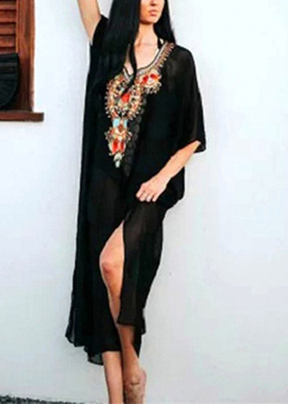 Women Black V Neck Embroideried Chiffon Long Beach Dresses Batwing Sleeve LY3009 - fabuloryshop