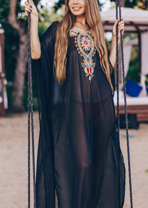 Women Black V Neck Embroideried Chiffon Long Beach Dresses Batwing Sleeve LY3009 - fabuloryshop