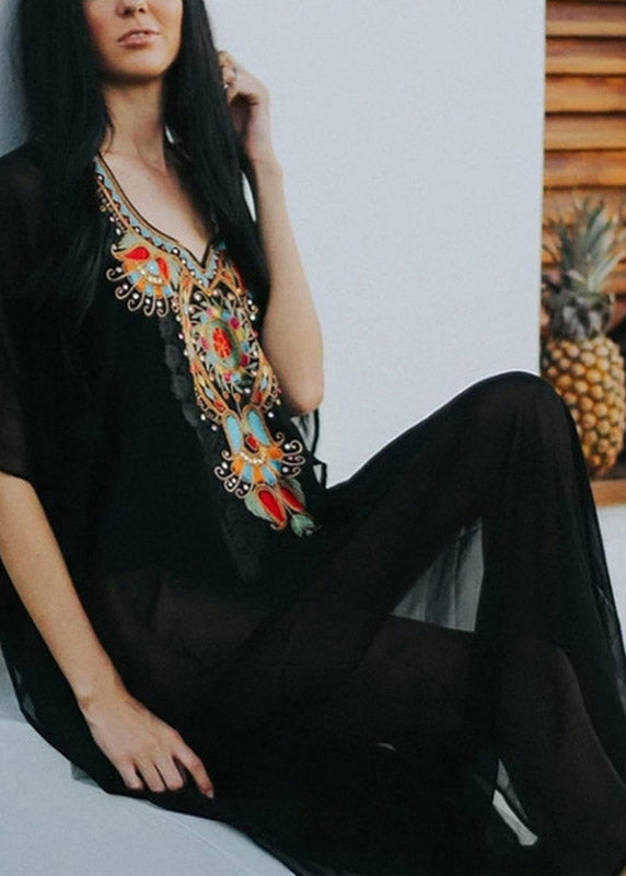 Women Black V Neck Embroideried Chiffon Long Beach Dresses Batwing Sleeve LY3009 - fabuloryshop