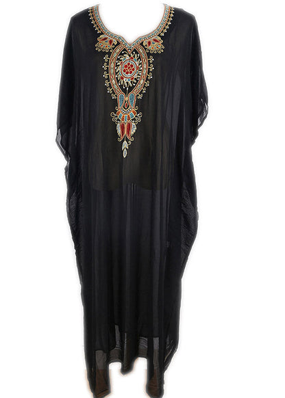 Women Black V Neck Embroideried Chiffon Long Beach Dresses Batwing Sleeve LY3009 - fabuloryshop