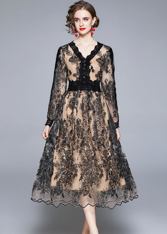 Women Black V Neck Embroideried Patchwork Tulle Dresses Long sleeve LY7389 - fabuloryshop