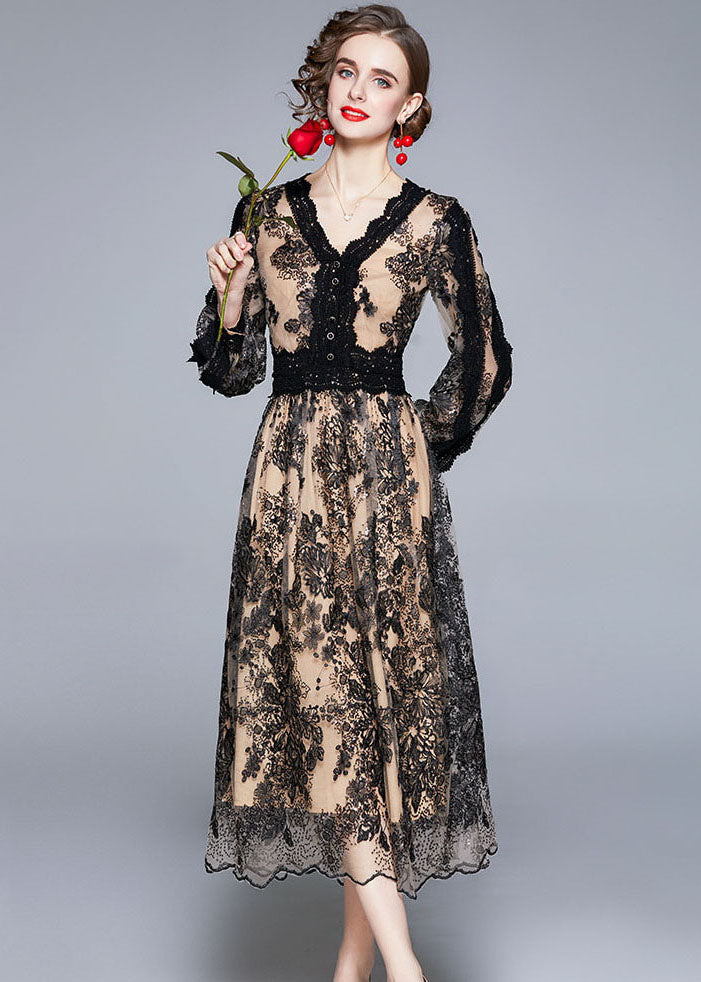 Women Black V Neck Embroideried Patchwork Tulle Dresses Long sleeve LY7389 - fabuloryshop