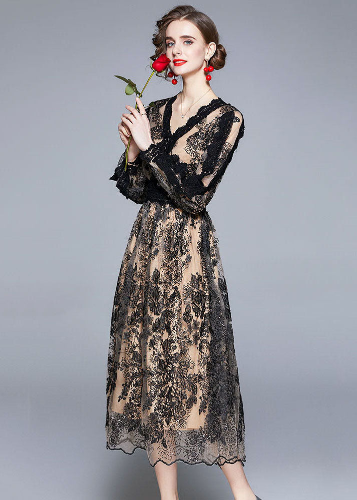 Women Black V Neck Embroideried Patchwork Tulle Dresses Long sleeve LY7389 - fabuloryshop