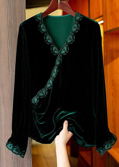 Women Black V Neck Embroideried Silk Velour Top Long Sleeve Ada Fashion