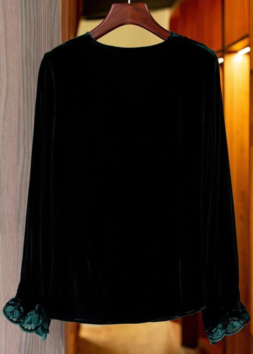 Women Black V Neck Embroideried Silk Velour Top Long Sleeve Ada Fashion