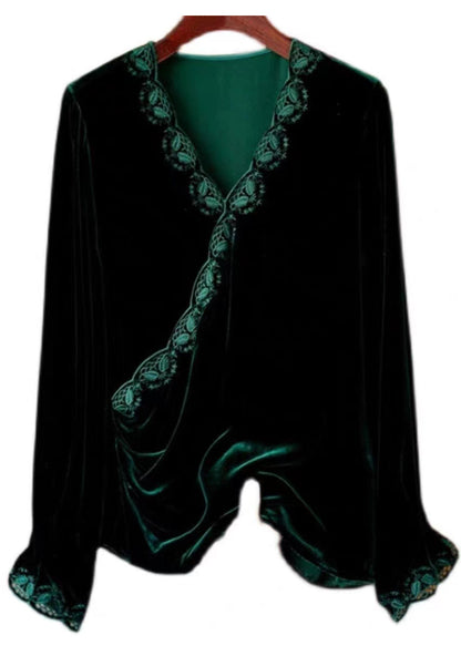 Women Black V Neck Embroideried Silk Velour Top Long Sleeve Ada Fashion