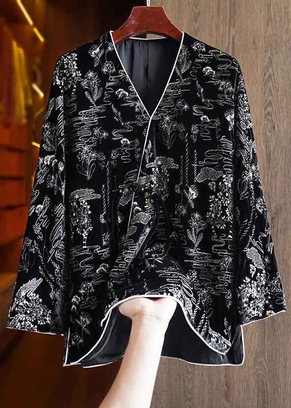 Women Black V Neck Jacquard Patchwork Silk Velour Coats Fall Ada Fashion