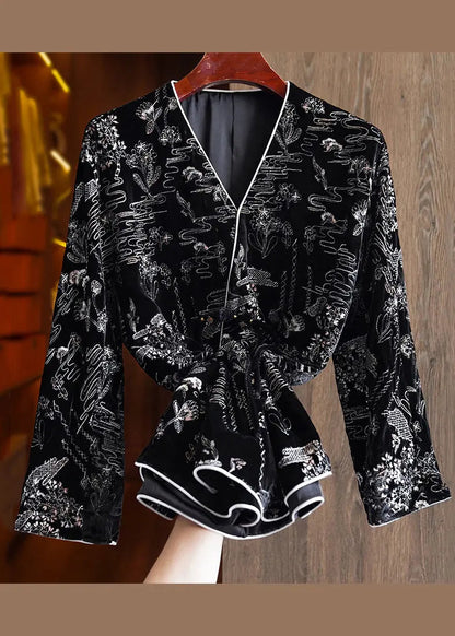 Women Black V Neck Jacquard Patchwork Silk Velour Coats Fall Ada Fashion