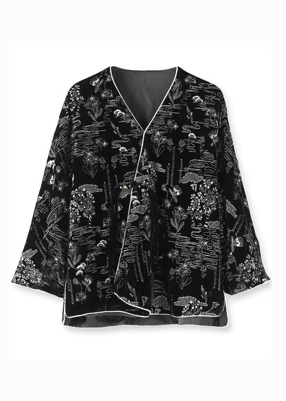 Women Black V Neck Jacquard Patchwork Silk Velour Coats Fall Ada Fashion