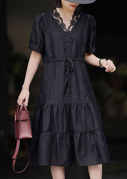 Women Black V Neck Lace Patchwork Chiffon Dresses Summer LY3833 - fabuloryshop