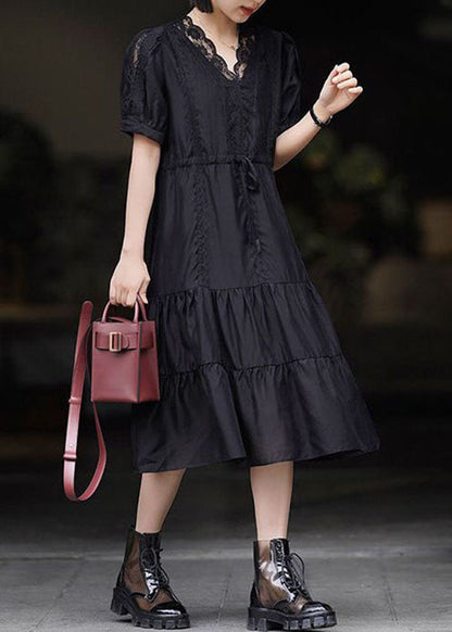 Women Black V Neck Lace Patchwork Chiffon Dresses Summer LY3833 - fabuloryshop