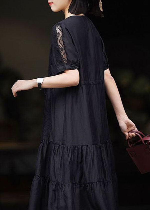 Women Black V Neck Lace Patchwork Chiffon Dresses Summer LY3833 - fabuloryshop