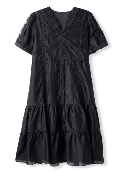 Women Black V Neck Lace Patchwork Chiffon Dresses Summer LY3833 - fabuloryshop