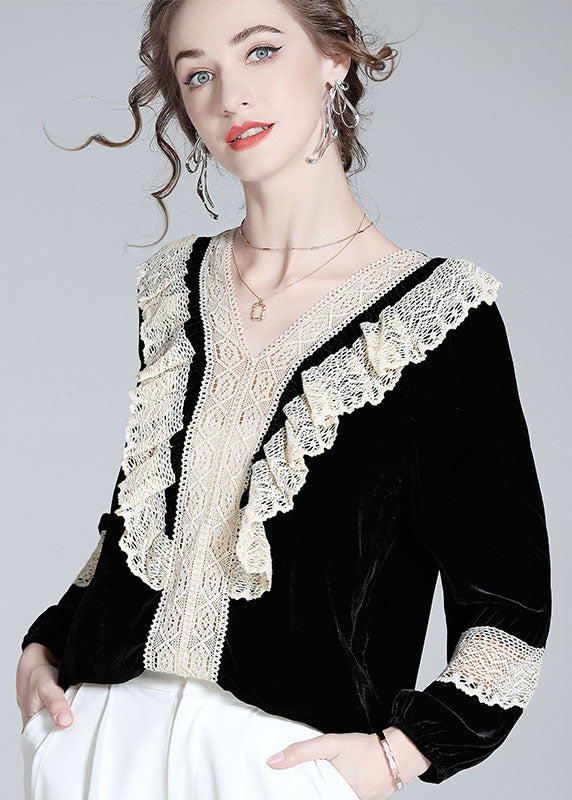 Women Black V Neck Lace Patchwork Silk Velour Top Spring LY0120 - fabuloryshop