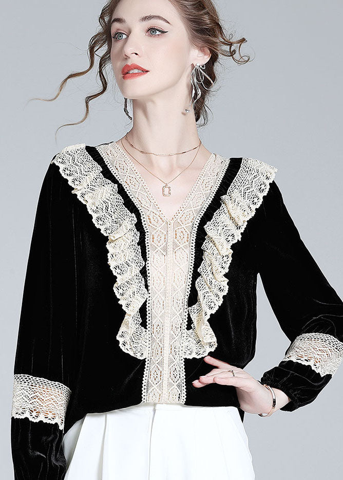 Women Black V Neck Lace Patchwork Silk Velour Top Spring LY0120 - fabuloryshop