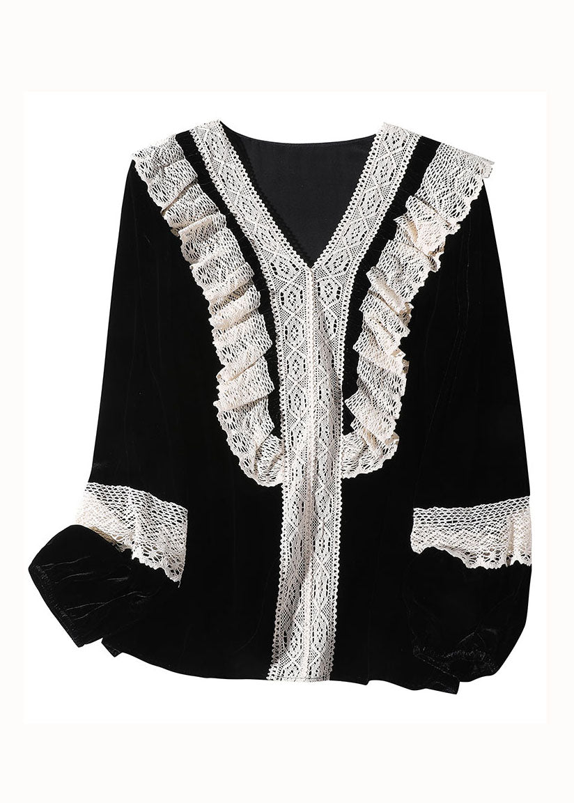 Women Black V Neck Lace Patchwork Silk Velour Top Spring LY0120 - fabuloryshop