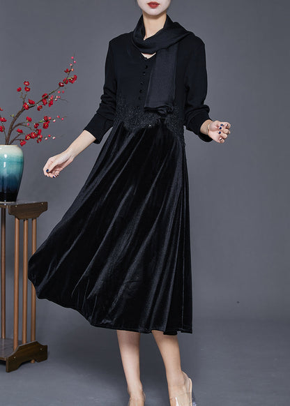 Women Black V Neck Patchwork Silk Velour Maxi Dresses Fall Ada Fashion