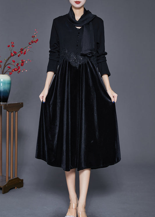 Women Black V Neck Patchwork Silk Velour Maxi Dresses Fall Ada Fashion