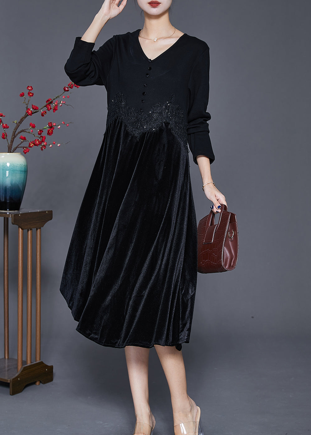 Women Black V Neck Patchwork Silk Velour Maxi Dresses Fall Ada Fashion