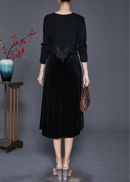 Women Black V Neck Patchwork Silk Velour Maxi Dresses Fall Ada Fashion