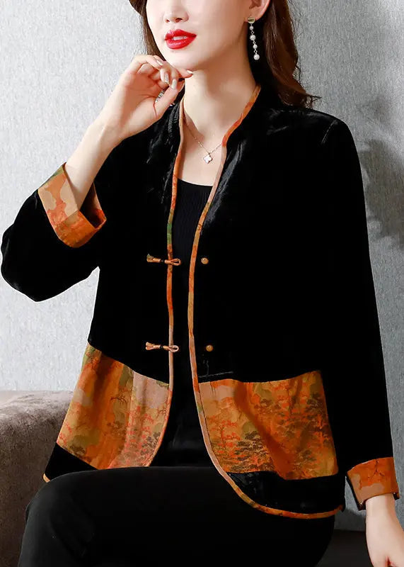 Women Black V Neck Print Patchwork Button Silk Velour Coats Fall Ada Fashion