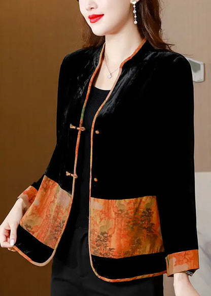 Women Black V Neck Print Patchwork Button Silk Velour Coats Fall Ada Fashion