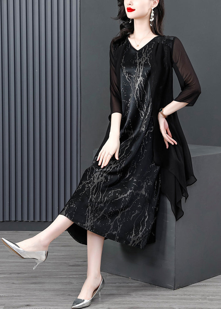 Women Black V Neck Print Patchwork Fake Two Pieces Satin Maxi Dress Summer Ada Fashion