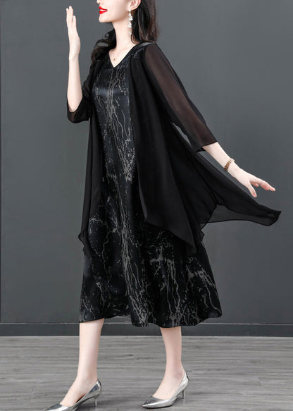 Women Black V Neck Print Patchwork Fake Two Pieces Satin Maxi Dress Summer Ada Fashion