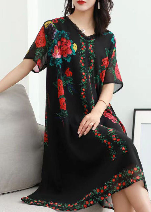 Women Black V Neck Rose Print Patchwork Chiffon Dresses Summer Ada Fashion