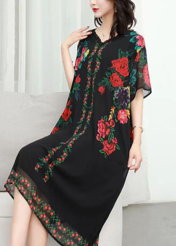 Women Black V Neck Rose Print Patchwork Chiffon Dresses Summer Ada Fashion