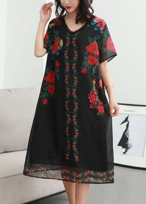 Women Black V Neck Rose Print Patchwork Chiffon Dresses Summer Ada Fashion