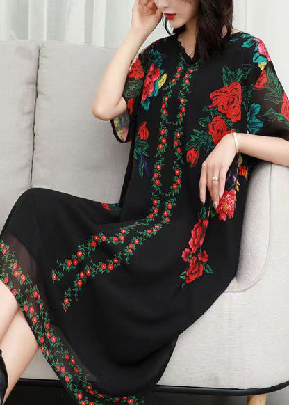 Women Black V Neck Rose Print Patchwork Chiffon Dresses Summer Ada Fashion