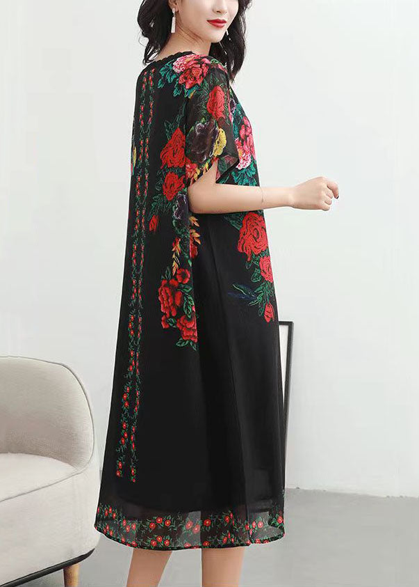 Women Black V Neck Rose Print Patchwork Chiffon Dresses Summer Ada Fashion