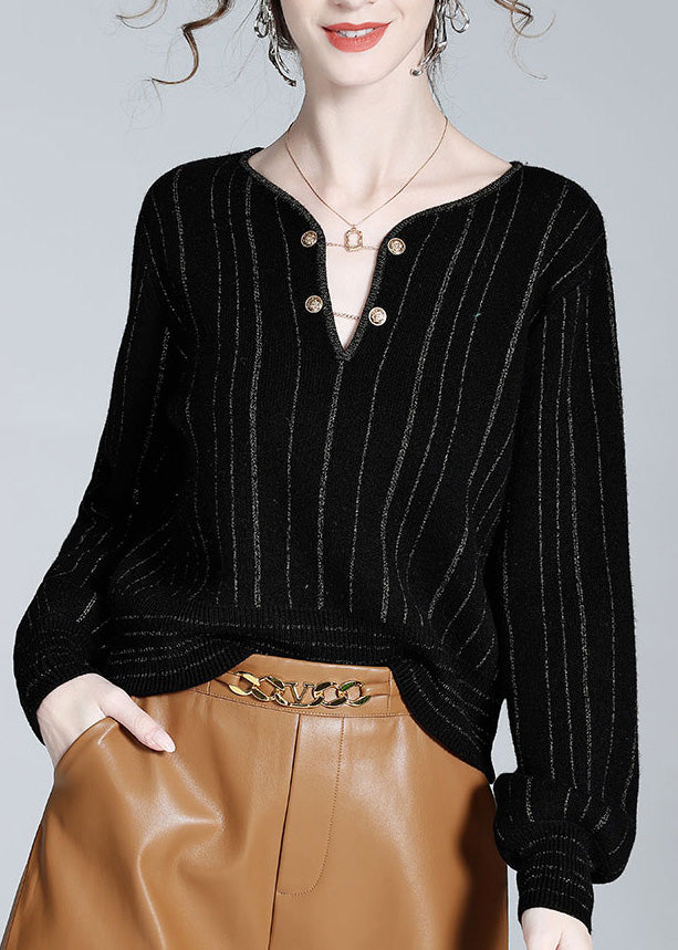 Women Black V Neck Striped Button Woolen Top Spring LY0148 - fabuloryshop