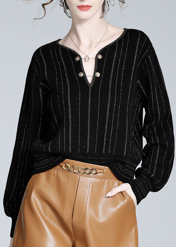 Women Black V Neck Striped Button Woolen Top Spring LY0148 - fabuloryshop