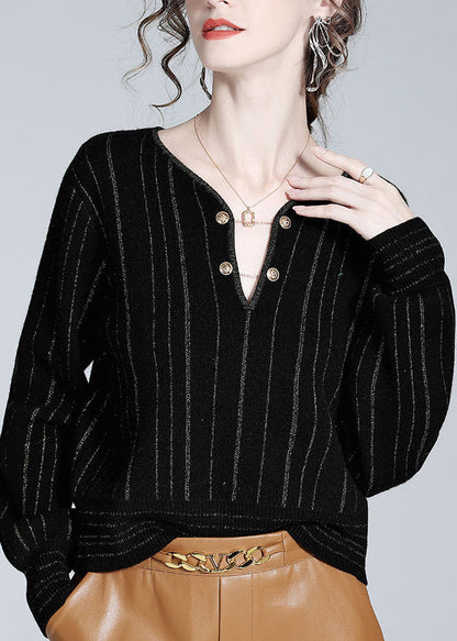 Women Black V Neck Striped Button Woolen Top Spring LY0148 - fabuloryshop