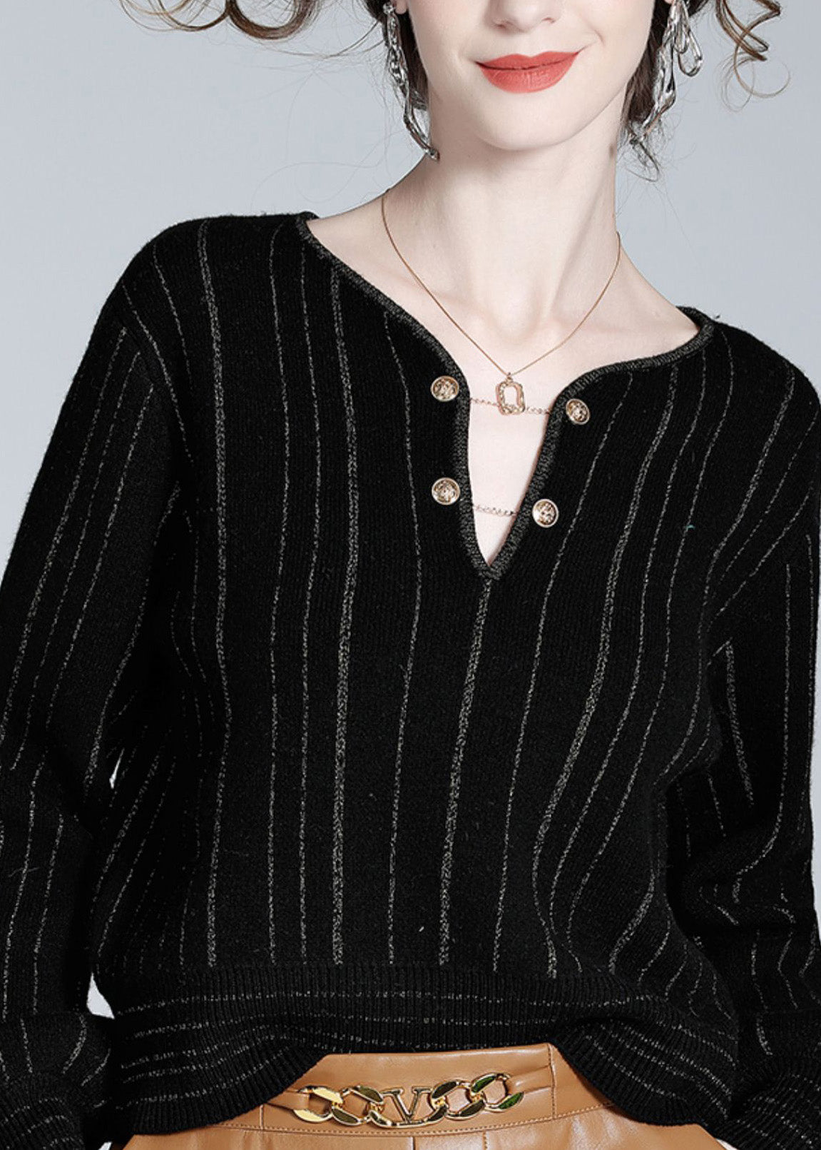 Women Black V Neck Striped Button Woolen Top Spring LY0148 - fabuloryshop