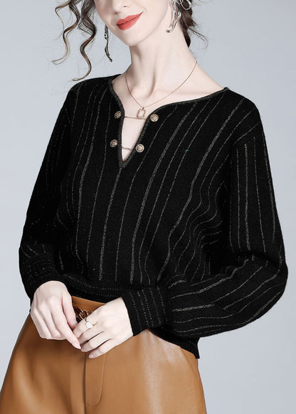 Women Black V Neck Striped Button Woolen Top Spring LY0148 - fabuloryshop