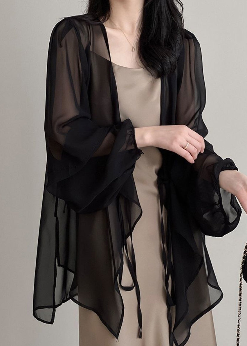 Women Black V Neck Tie Waist Chiffon UPF 50+ Cardigan Summer Ada Fashion